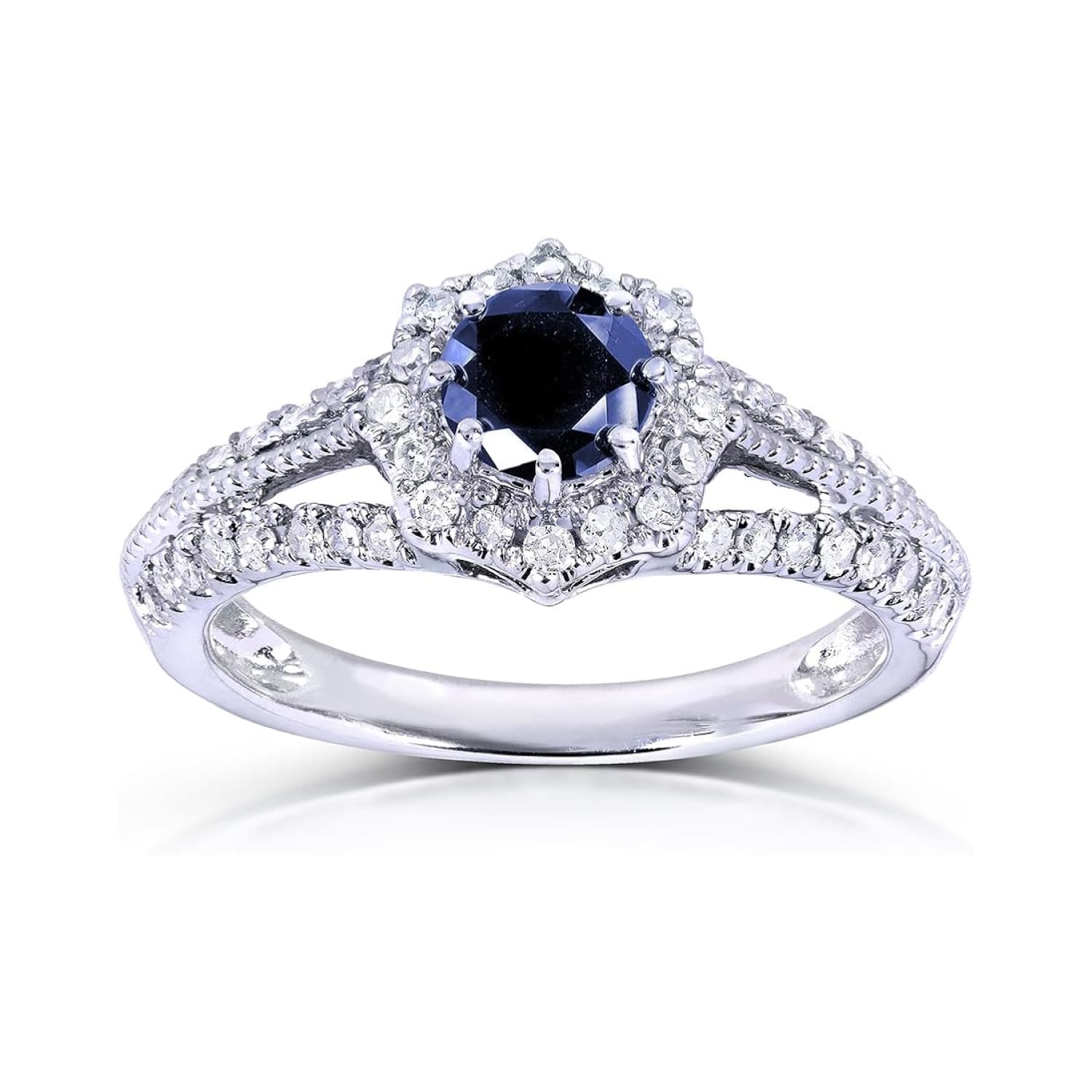 round-blue-sapphire-halo-art-deco-vintage-sapphire-rings-1-carat-ctw A 14K White Gold Art Deco Vintage Sapphire Rings engagement ring featuring a 0.7 Carat Round Natural Blue Sapphire center, a 0.3 CTW diamond Halo, and vintage detailing (1.0 CTW total).