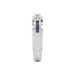 An 18K White Gold Women's Baguette Wedding Band featuring an alternating channel-set pattern of Baguette Blue Sapphires and Round Diamonds (0.06 CTW). The band tapers in width.