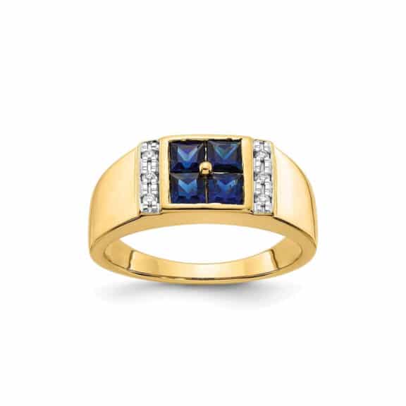 A 14K Yellow Gold Mens Diamond and Sapphire Wedding Ring (Size 10, 5.83 grams) featuring four Square Lab Created Blue Sapphires (0.3 CT) and six Round Lab Grown Diamonds (0.05 CTW, G-H-I/SI1/SI2) set in prongs.