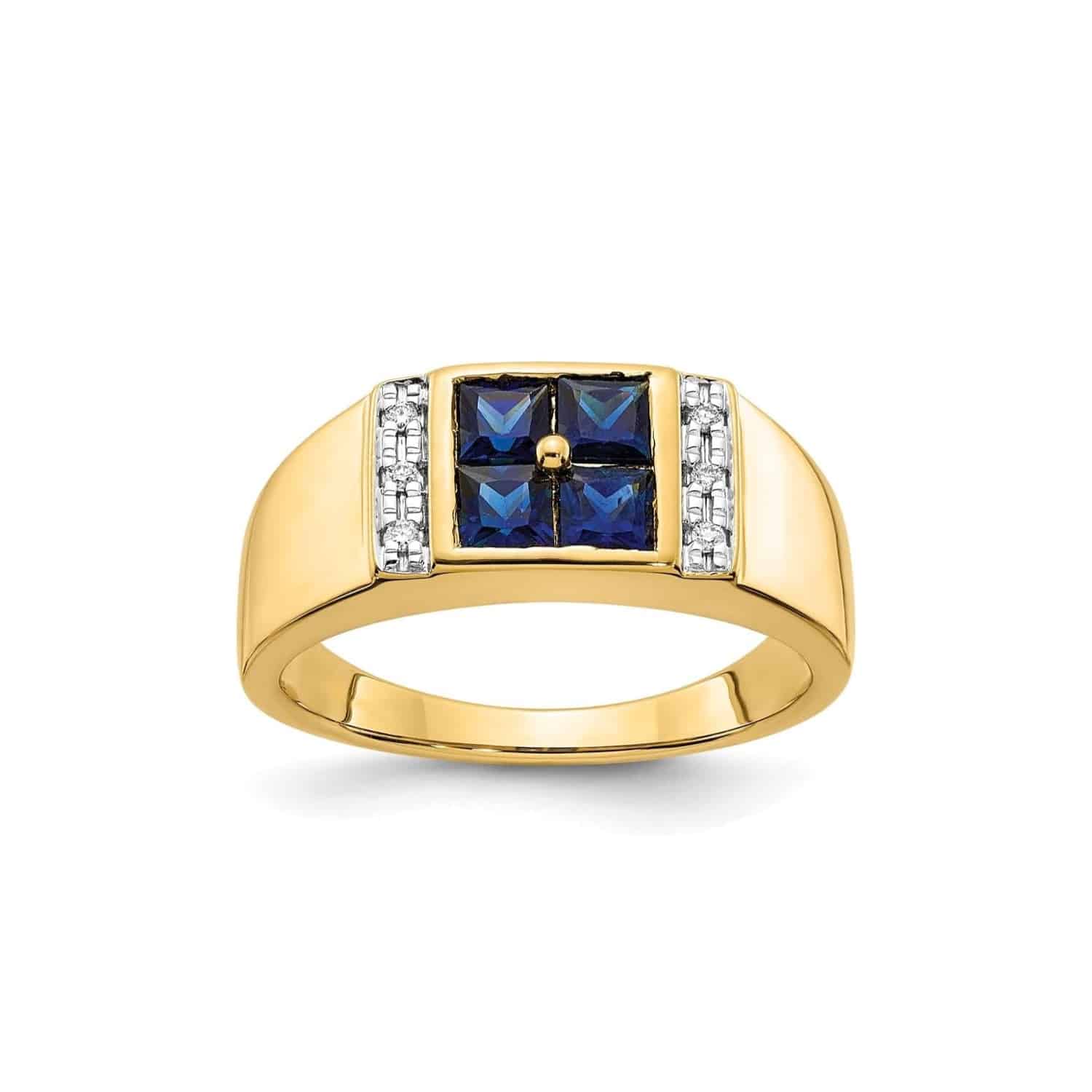 square-lab-sapphire-diamond-mens-diamond-and-sapphire-wedding-ring-14k-yellow-gold A 14K Yellow Gold Mens Diamond and Sapphire Wedding Ring (Size 10, 5.83 grams) featuring four Square Lab Created Blue Sapphires (0.3 CT) and six Round Lab Grown Diamonds (0.05 CTW, G-H-I/SI1/SI2) set in prongs.