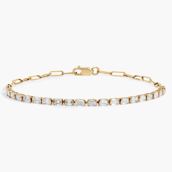 14K yellow gold emerald cut lab grown diamond tennis bracelets under $3000 featuring 2 CTW bezel-set diamonds and a paperclip chain.