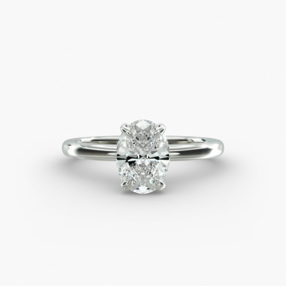 14K white gold oval solitaire engagement rings under $2,500 featuring a 1.5 carat colorless VS clarity lab grown diamond with a 2.00mm flush fit band.