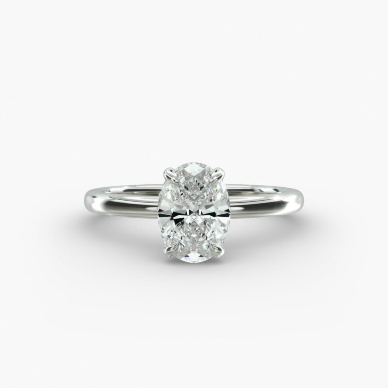 14K white gold oval solitaire engagement rings under $2,500 featuring a 1.5 carat colorless VS clarity lab grown diamond with a 2.00mm flush fit band.