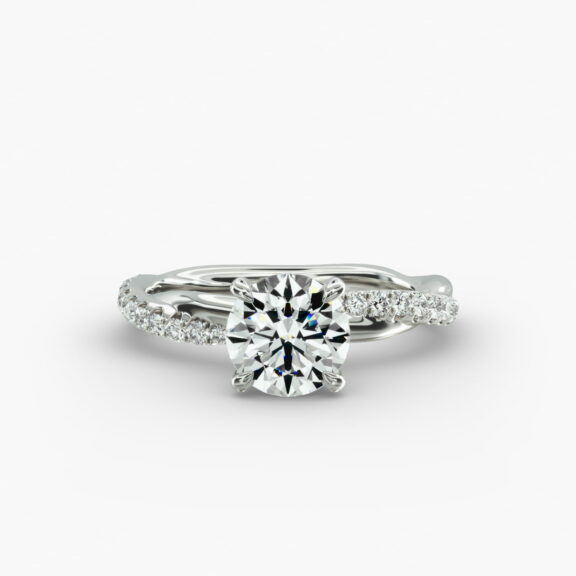Platinum pavé rope engagement rings under $2,500 featuring a 1 carat round lab grown diamond and 24 interwoven natural diamonds on a 2.90mm band.