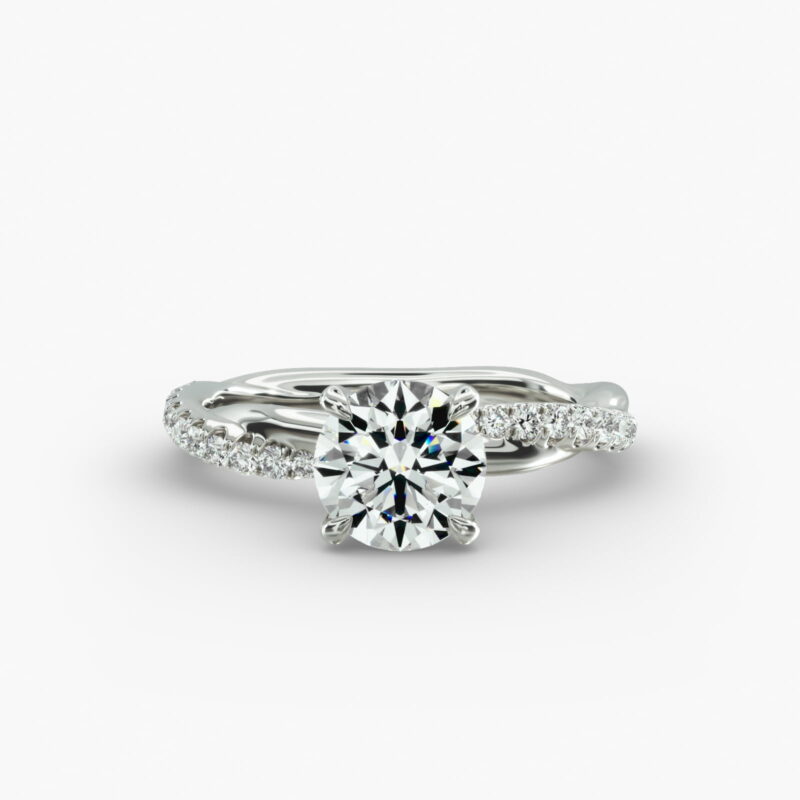 Platinum pavé rope engagement rings under $2,500 featuring a 1 carat round lab grown diamond and 24 interwoven natural diamonds on a 2.90mm band.