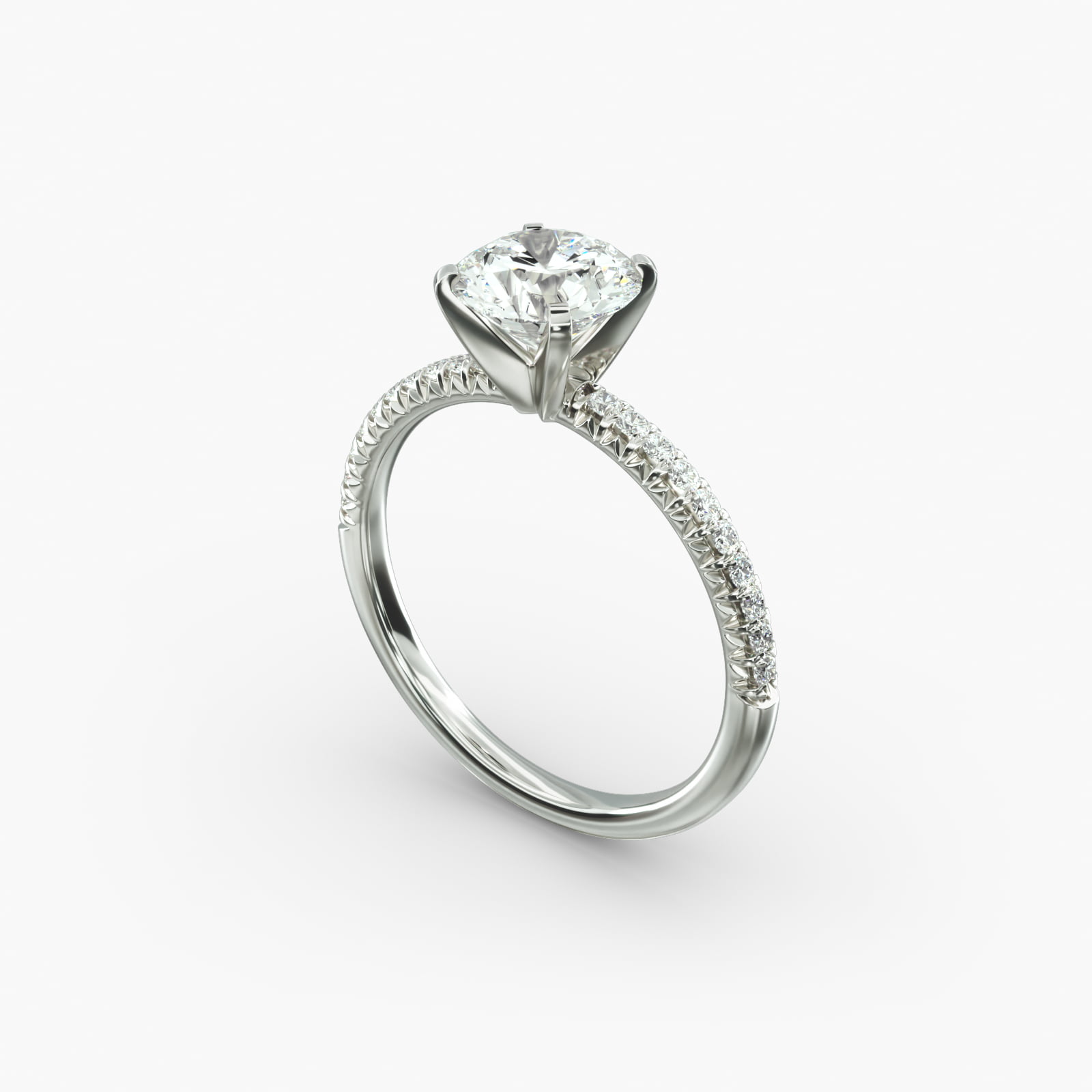 Round 1.5 CT Certified Lab-Grown Diamond Petite Pavé Engagement Ring In Platinum Side View Platinum round petite pavé engagement rings under $2,500 featuring a 1.5 carat round lab-grown diamond and 20 French cut natural diamonds on a 1.60mm band.