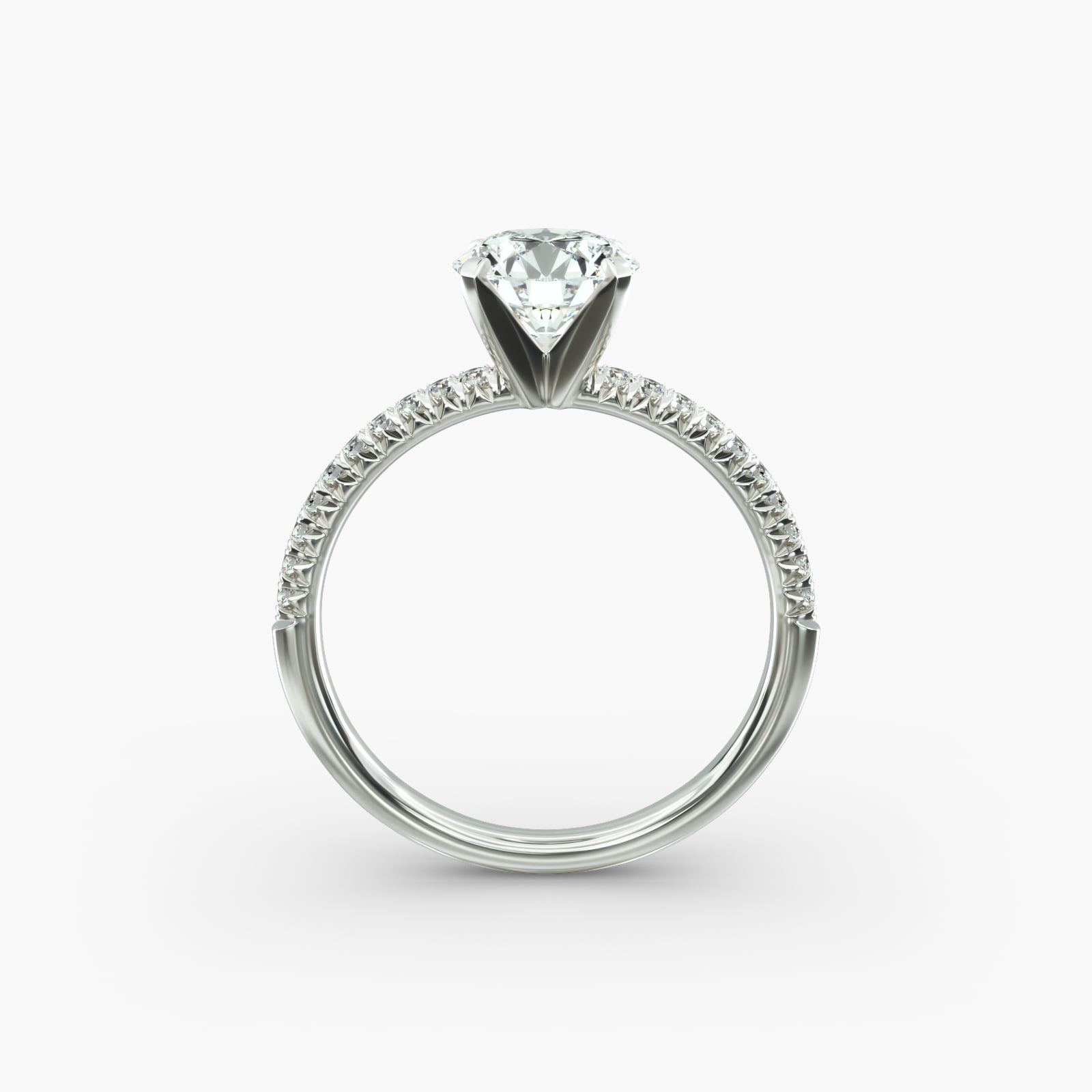 Round 1.5 CT Certified Lab-Grown Diamond Petite Pavé Engagement Ring In Platinum side view 2 Platinum round petite pavé engagement rings under $2,500 featuring a 1.5 carat round lab-grown diamond and 20 French cut natural diamonds on a 1.60mm band.