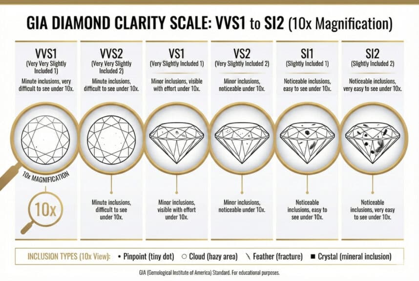 A GIA diamond clarity scale infographic showing grades from VVS1 to SI2 with 10x magnification callouts highlighting common inclusions like pinpoints, clouds, feathers, and crystals on a white background.