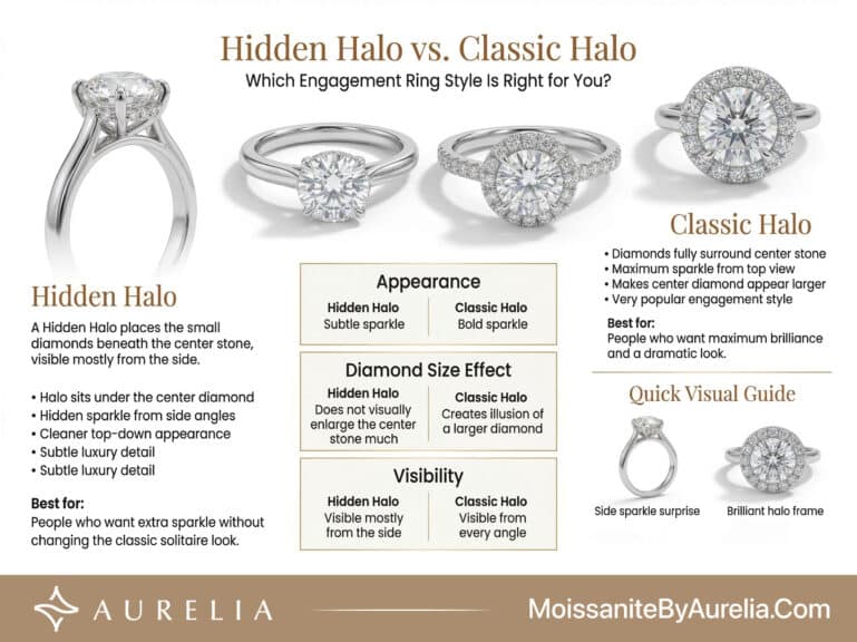An educational infographic comparing Hidden Halo vs Classic Halo engagement rings. The Hidden Halo offers subtle side sparkle and a clean top-down look. The Classic Halo fully surrounds the center stone for bold sparkle and makes the diamond appear visually larger.