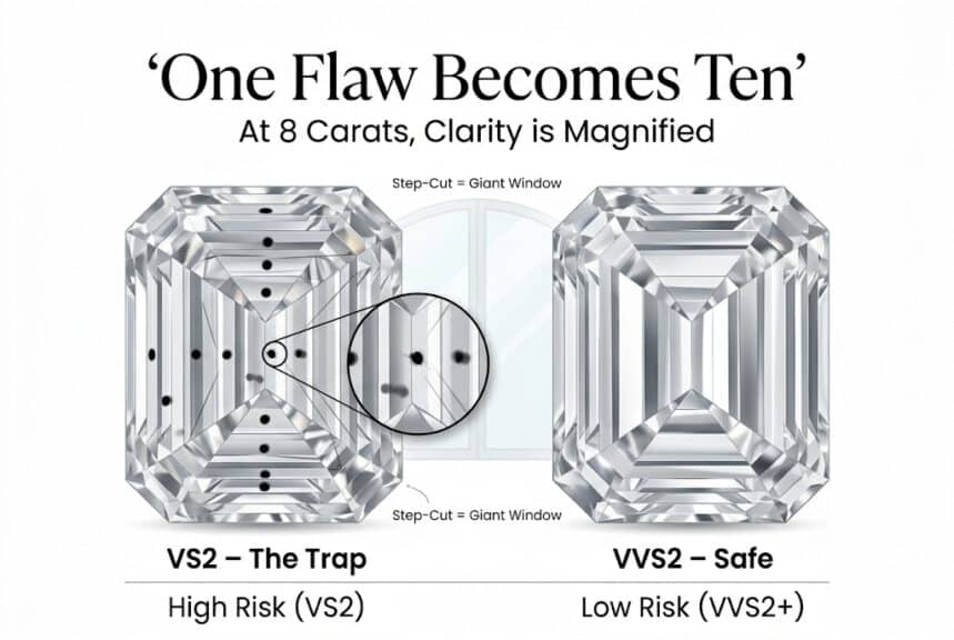 8 carat diamond clarity comparison VS2 vs VVS2 emerald cut inclusion reflection infographic