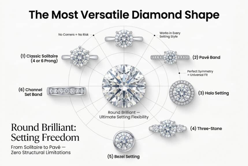 Round brilliant diamond best settings infographic showing solitaire pave halo three stone bezel and channel set options with maximum versatility and no corner risk