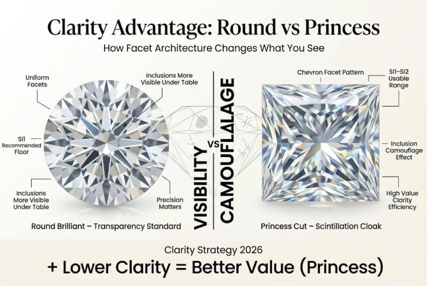 Round vs princess cut diamond clarity comparison showing SI1 vs SI2 inclusion visibility and how chevron facets hide flaws better in princess diamonds