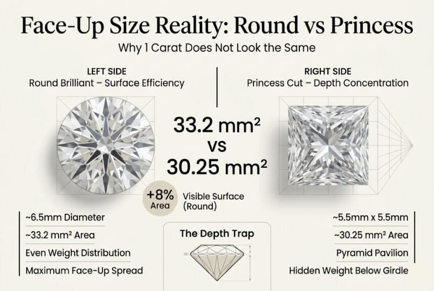 Round vs princess cut diamond face up size comparison showing 1 carat dimensions surface area difference and depth trap effect on visual size