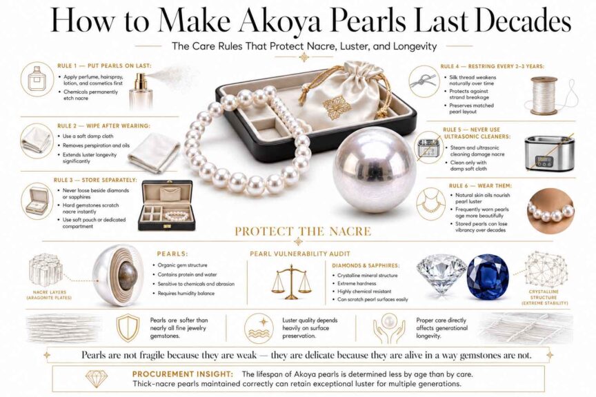 Luxury infographic explaining Akoya pearl care, cleaning, storage, restringing, and nacre protection techniques for maintaining pearl luster and longevity over decades.