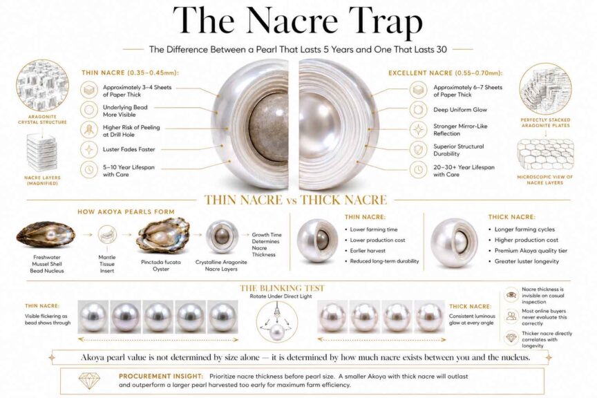 Luxury infographic explaining Akoya pearl nacre thickness, bead nucleus structure, blinking test, and how thin versus thick nacre affects pearl longevity, luster, and durability.