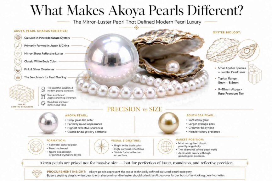Luxury infographic explaining Akoya pearl origin, oyster species, mirror-like luster, size range, and why Akoya pearls became the global standard for cultured pearl quality.