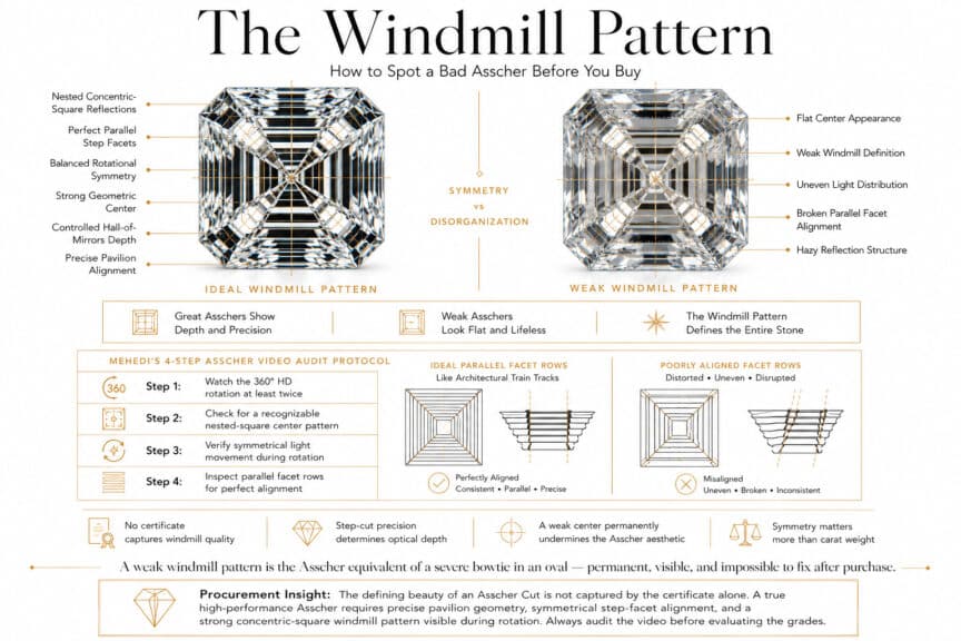Luxury infographic explaining the asscher cut windmill pattern and how to identify strong versus weak concentric-square reflections through step-cut symmetry and video audit analysis