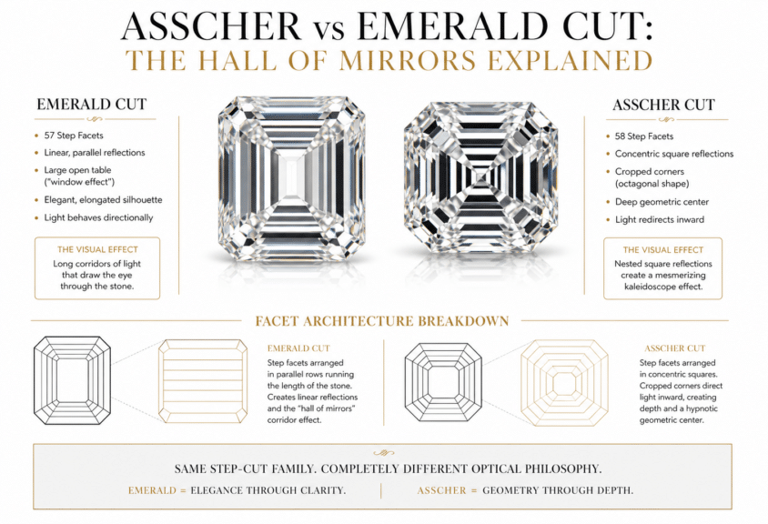 Asscher vs emerald cut diamond comparison infographic horizontal layout showing step cut facets, hall of mirrors effect, concentric reflections vs linear facets on white background