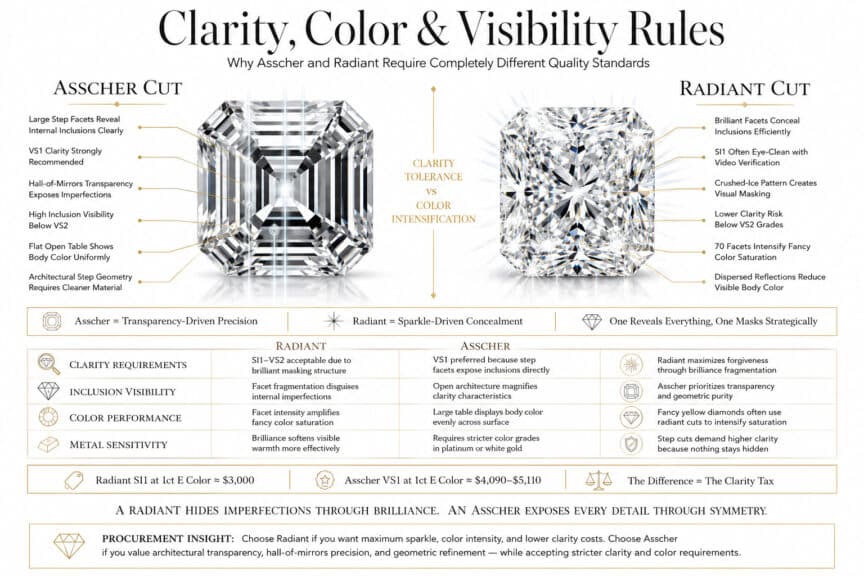 Asscher vs radiant cut diamond clarity and color comparison showing inclusion visibility, color performance, and brilliance masking differences in luxury infographic style