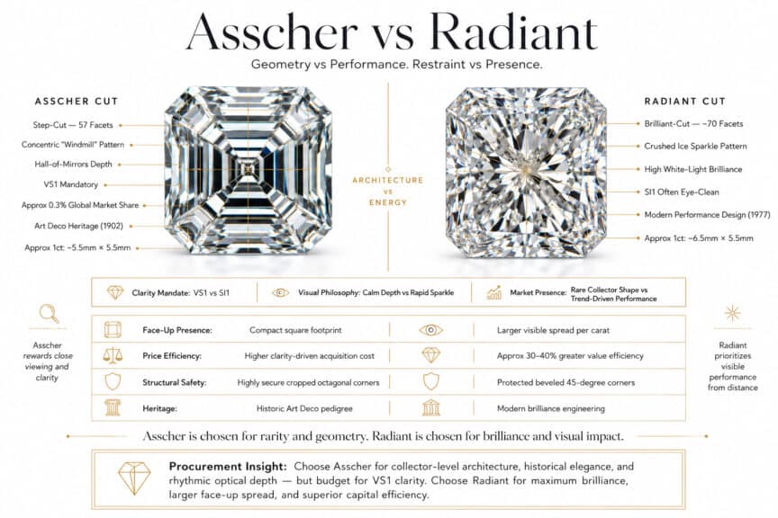 Asscher vs radiant cut diamond comparison showing step cut windmill depth versus brilliant cut crushed ice sparkle clarity requirements and face up size in luxury infographic style