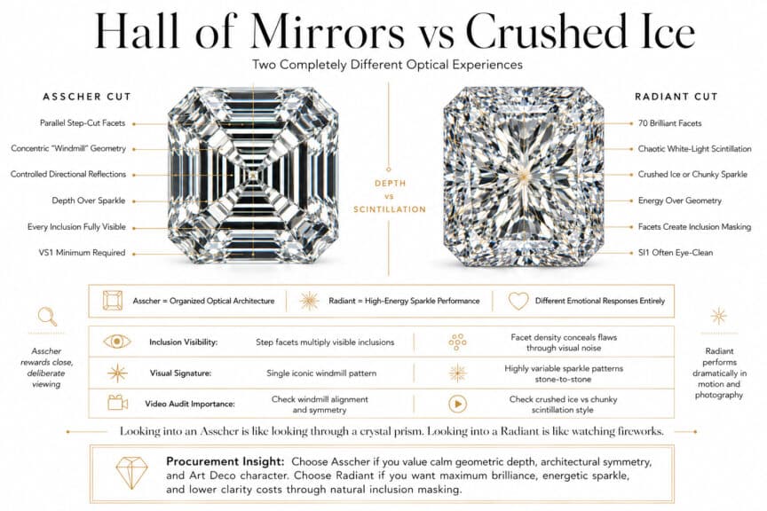 Asscher vs radiant cut diamond optical comparison showing hall of mirrors windmill reflections versus crushed ice sparkle and scintillation patterns in luxury infographic style