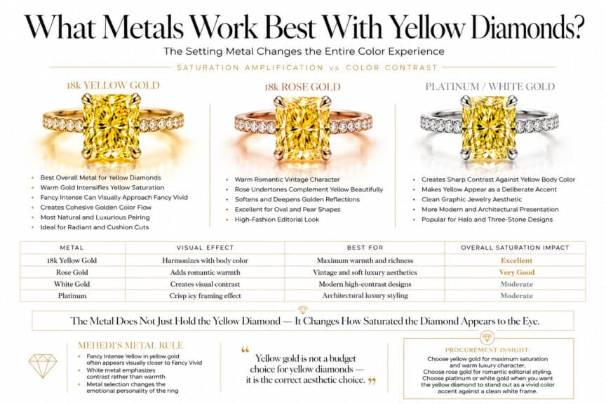 Luxury infographic comparing yellow gold, rose gold, platinum, and white gold settings for Fancy Yellow diamonds, showing how metal color affects saturation, warmth, and visual contrast.
