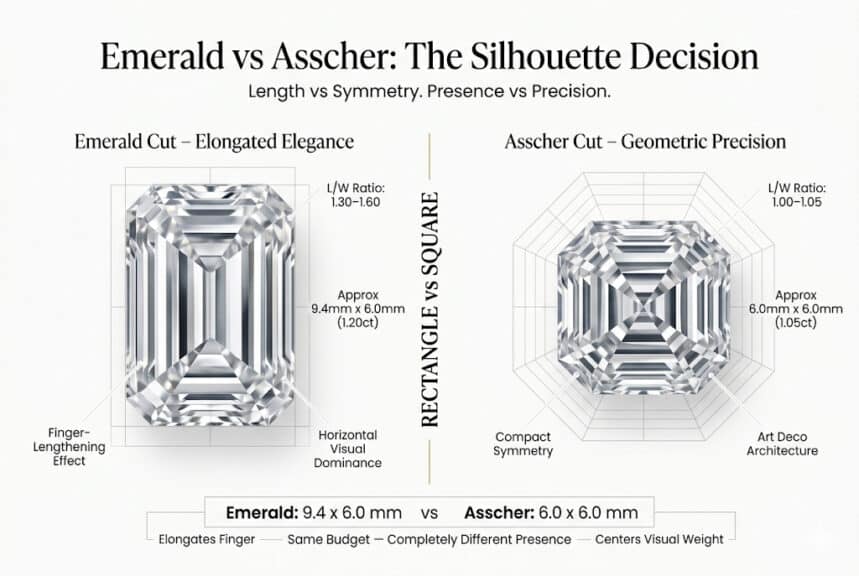 Emerald vs Asscher cut diamond comparison showing rectangular vs square shape differences length to width ratios and visual finger coverage in luxury infographic