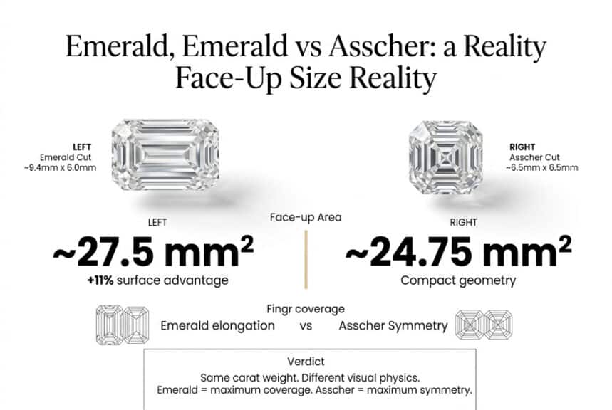Luxury infographic comparing emerald cut vs asscher cut diamond face-up size, showing emerald cut appearing larger on finger due to elongated geometry and higher surface area.