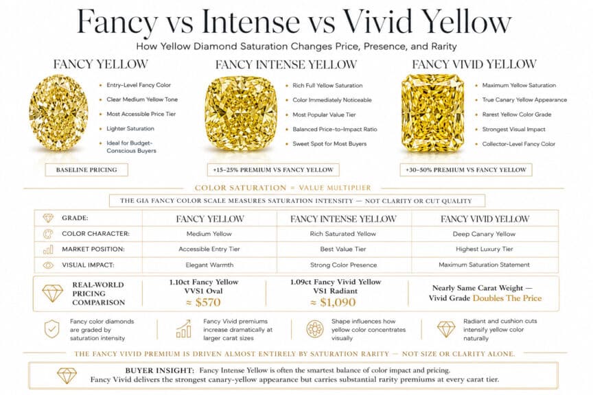 Luxury infographic comparing Fancy Yellow, Fancy Intense Yellow, and Fancy Vivid Yellow diamonds showing saturation differences, pricing premiums, and canary yellow color intensity in high-end editorial style
