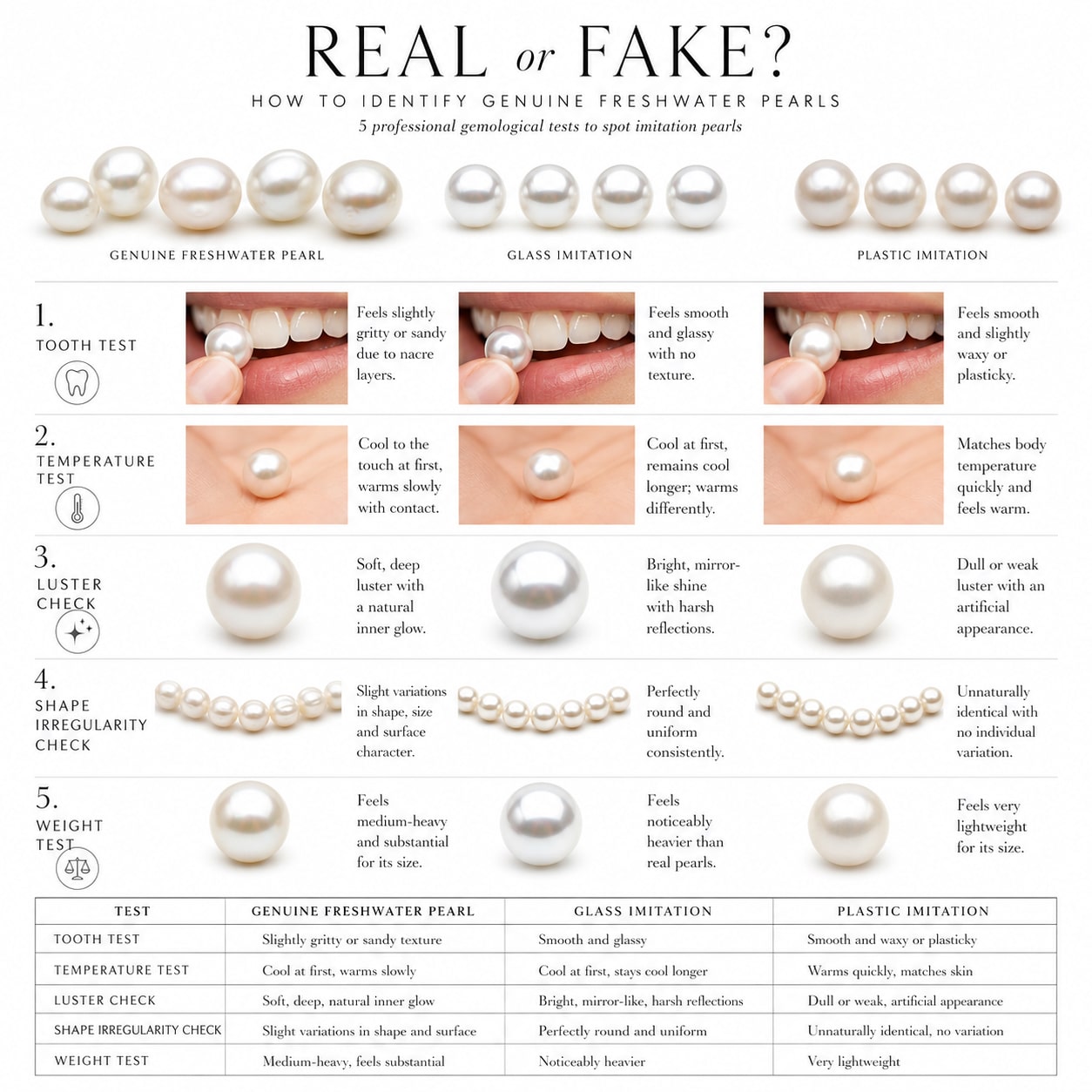 Minimal luxury infographic explaining how to identify real vs fake freshwater pearls using the tooth test, temperature test, luster check, shape irregularity, and weight comparison on a clean white aesthetic background.