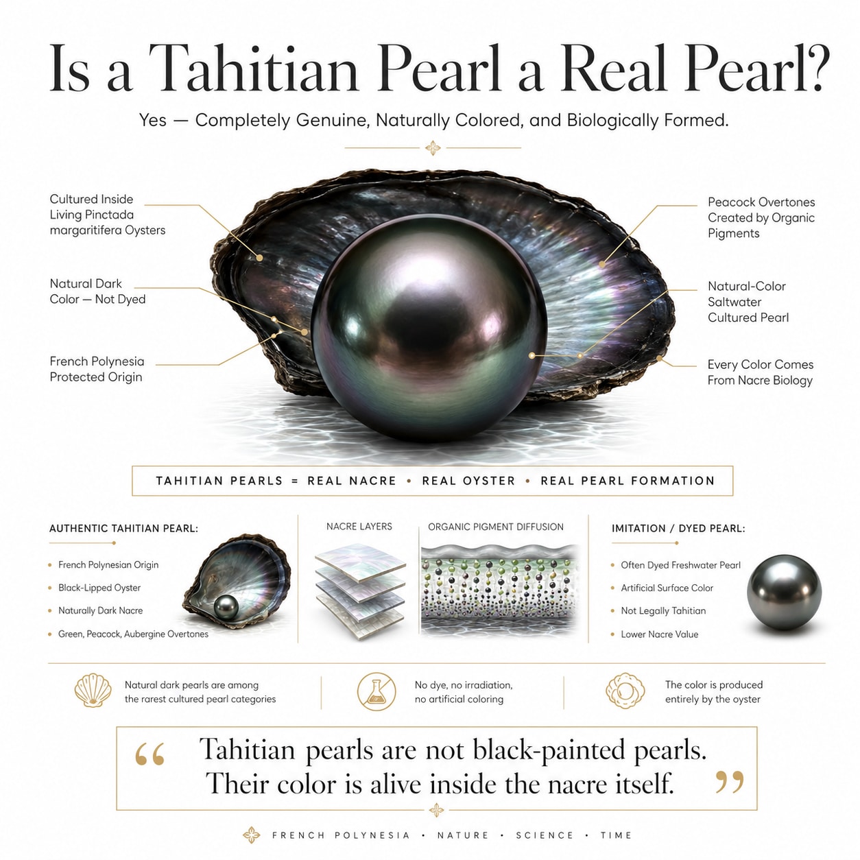 Minimal luxury infographic explaining that Tahitian pearls are genuine natural-color cultured pearls from black-lipped oysters in French Polynesia with natural peacock overtones and dark nacre.