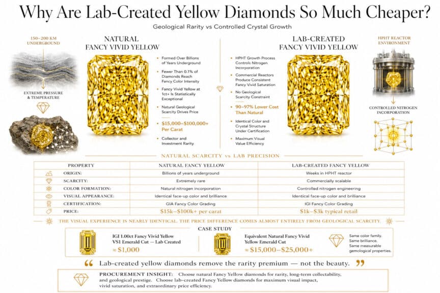 Luxury infographic explaining why lab-created Fancy Vivid Yellow diamonds are dramatically cheaper than natural yellow diamonds, comparing rarity, HPHT growth, pricing, and gemological equivalence.