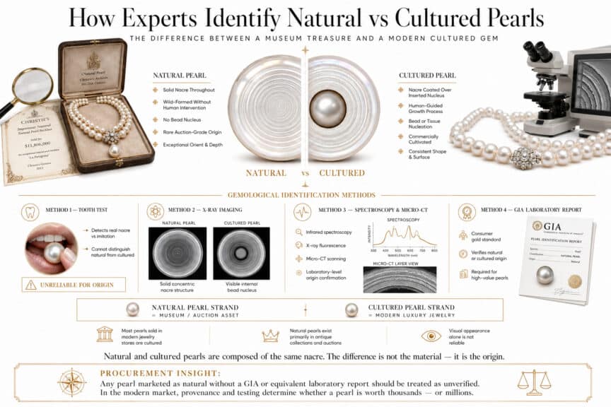 Luxury infographic explaining how experts identify natural versus cultured pearls using X-ray imaging, GIA laboratory reports, spectroscopy, and nacre structure comparison.