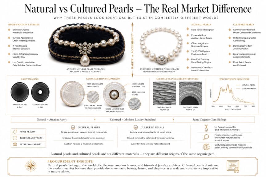 Luxury infographic comparing natural and cultured pearls with X-ray identification, rarity, auction pricing, nacre structure, and pearl market differences in scientific gemology style