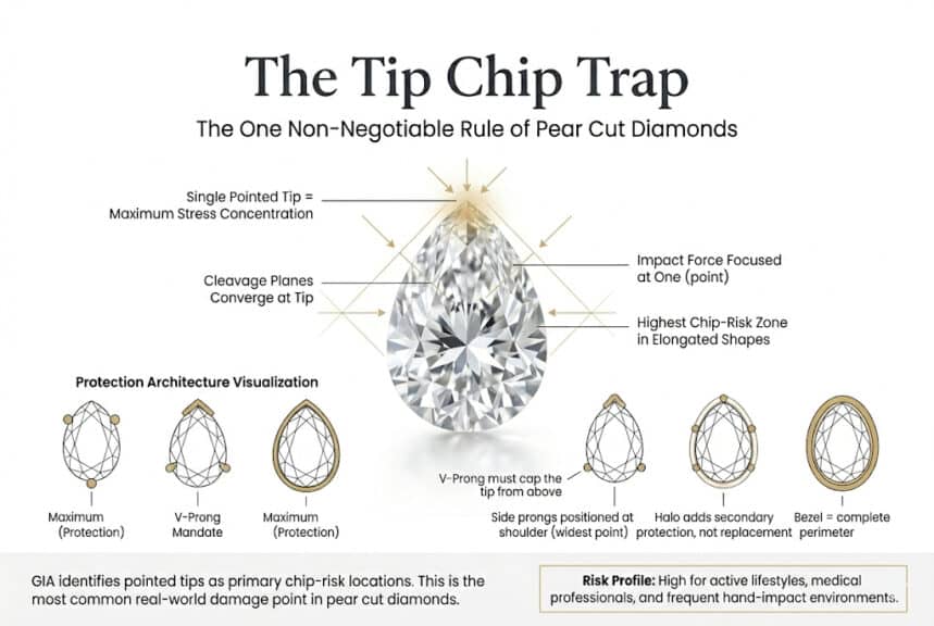 Pear cut diamond tip chip risk infographic showing why the pointed tip is vulnerable and how V prong and bezel settings protect against damage