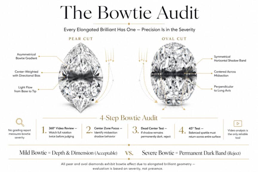 Pear and oval cut diamond bowtie effect comparison showing how to identify severity using 360 video dead center test and 45 degree test in luxury infographic style
