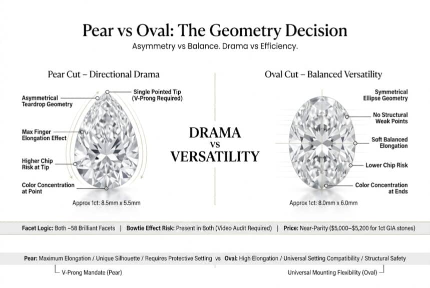 Pear vs oval cut diamond comparison showing teardrop vs ellipse shape differences structural risk finger elongation and brilliance in luxury infographic style