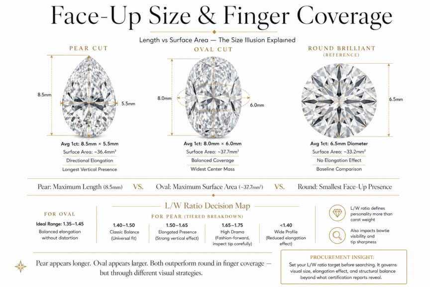 Pear vs oval cut diamond face up size comparison showing millimeter dimensions surface area length to width ratio and finger coverage differences in luxury infographic style