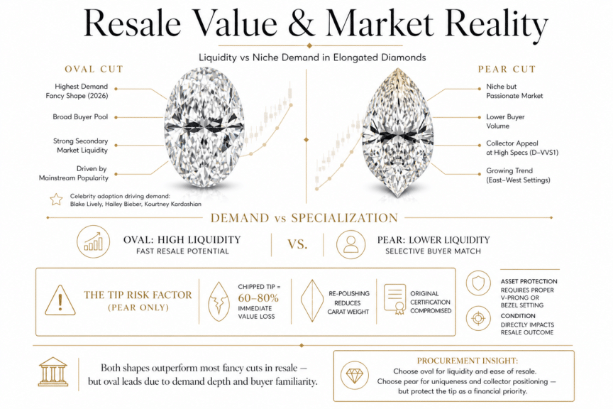 Pear vs oval diamond resale value comparison showing market demand liquidity differences and tip damage impact on value in luxury infographic style