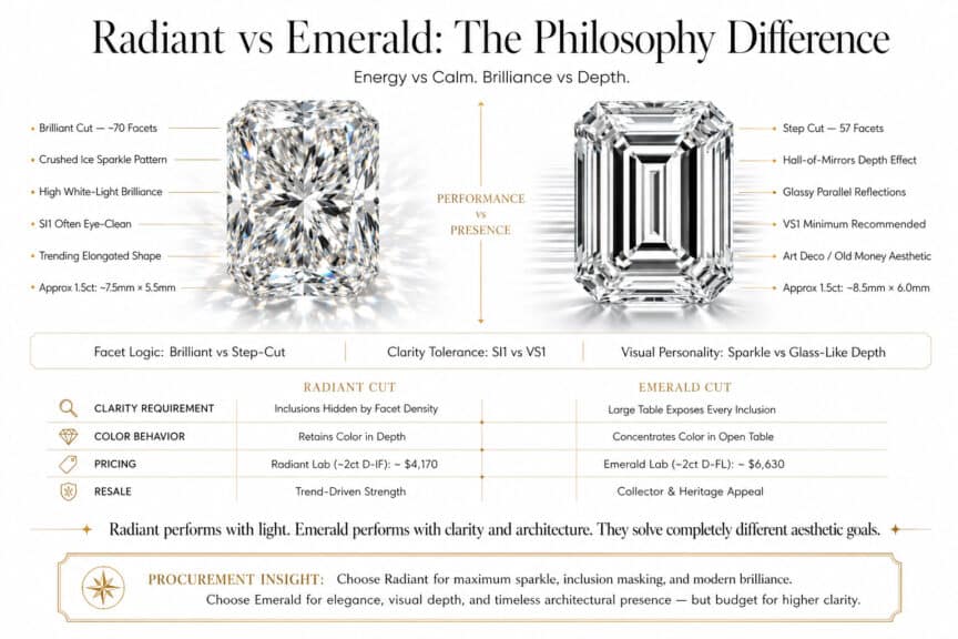 Radiant vs emerald cut diamond comparison showing brilliant cut sparkle versus step cut hall of mirrors depth clarity requirements and face up size in luxury infographic style