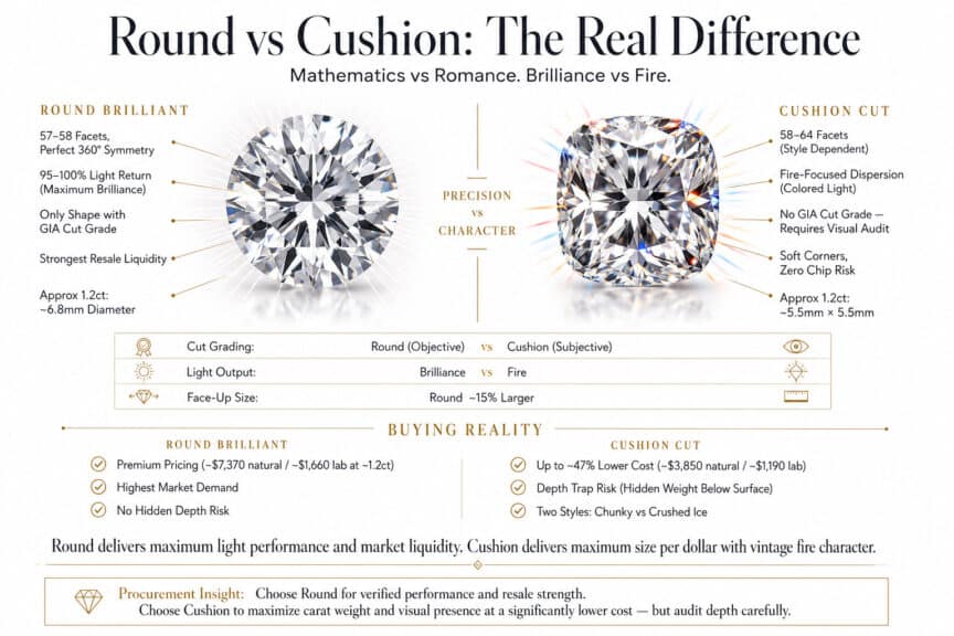 Round brilliant vs cushion cut diamond comparison showing brilliance vs fire GIA cut grading price differences and face up size in luxury infographic style