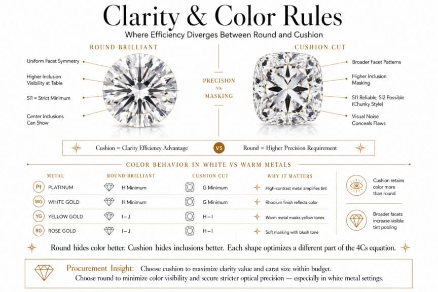 Round vs cushion cut diamond clarity and color comparison showing SI1 rules inclusion visibility and color grade differences across metal settings in luxury infographic style