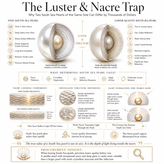 Luxury infographic explaining South Sea pearl luster and nacre thickness differences showing thick nacre glow, crystalline structure, and why premium pearls command higher prices.