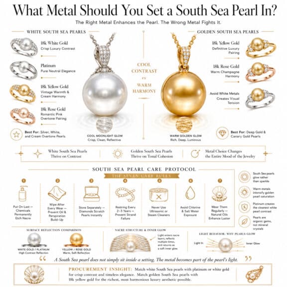 Luxury infographic showing the best metal pairings for white and golden South Sea pearls with platinum, yellow gold, and rose gold plus professional pearl care rules for preserving nacre and luster.