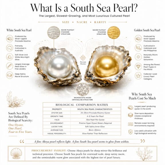 Luxury infographic explaining South Sea pearls, featuring white and golden South Sea pearls, Pinctada maxima oysters, nacre glow, rarity, growth time, and premium pearl characteristics.