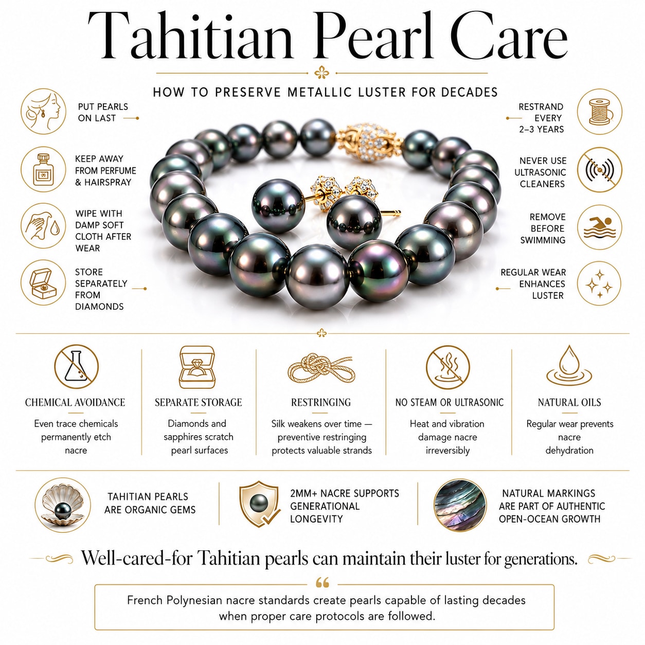 Luxury infographic showing Tahitian pearl care rules including storage, cleaning, restringing, chemical avoidance, and long-term nacre protection for preserving Tahitian pearl luster over decades.