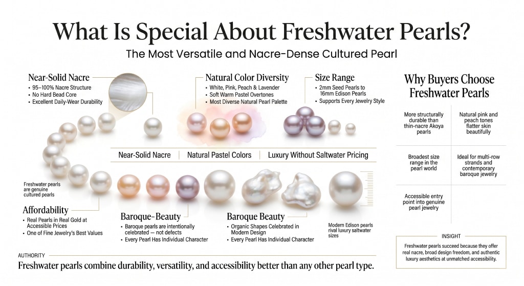 Luxury infographic explaining what makes freshwater pearls special including near-solid nacre construction, natural pastel colors, baroque pearl shapes, Edison pearls, and freshwater pearl durability advantages.