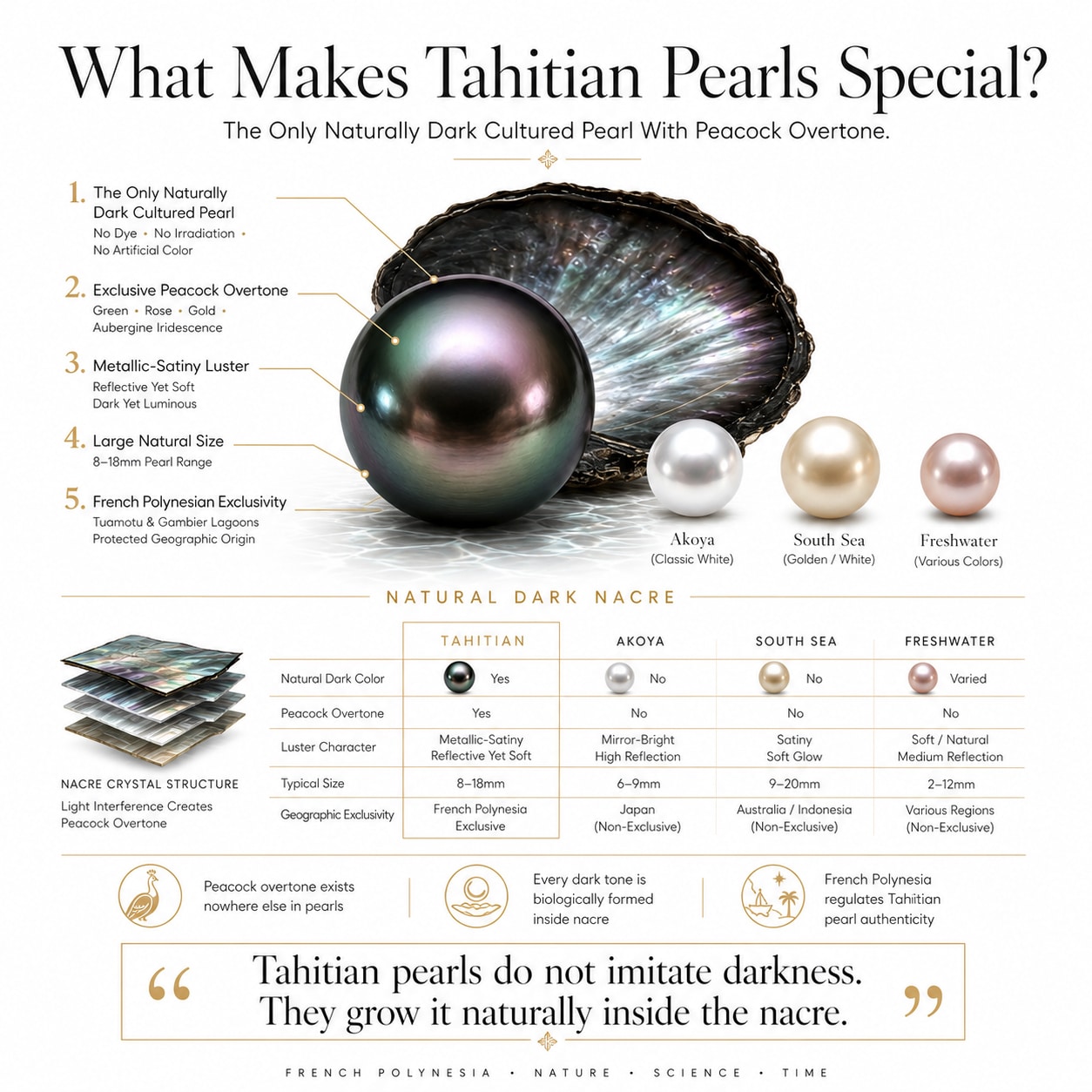 Minimal luxury infographic explaining what makes Tahitian pearls unique, including natural dark color, peacock overtone, metallic luster, large size, and French Polynesian origin.