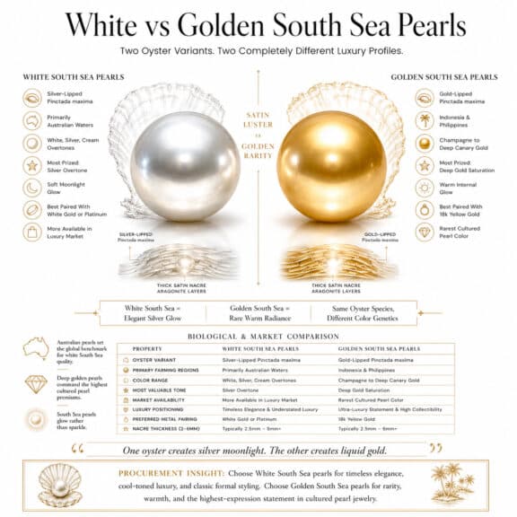 Luxury infographic comparing white and golden South Sea pearls showing silver-lipped versus gold-lipped Pinctada maxima oysters, color differences, rarity, and satiny nacre glow.