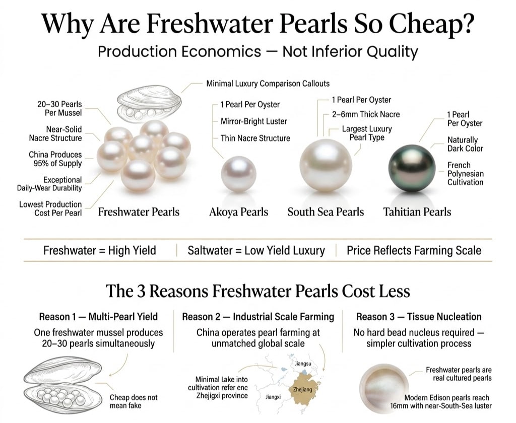 Luxury infographic comparing freshwater, Akoya, South Sea, and Tahitian pearls explaining why freshwater pearls are cheaper through multi-pearl yield, industrial-scale Chinese farming, and tissue nucleation methods.